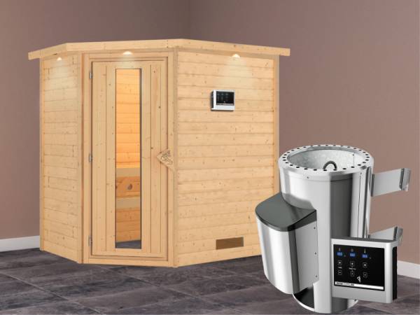 Cilja - Karibu Sauna Plug &amp; Play 3,6 kW Ofen, ext. Steuerung - mit Dachkranz - Energiespartür