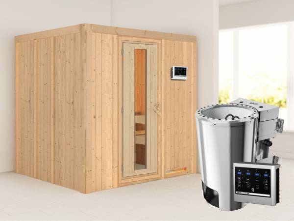 Daria - Karibu Sauna Plug & Play 3,6 kW Bio Ofen, ext. Steuerung - ohne Dachkranz - Energiespartür