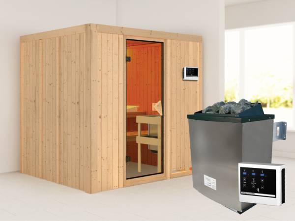 Karibu Sauna Sodin 68 mm- klassische Saunatür- 4,5 kW Ofen ext. Strg- ohne Dachkranz