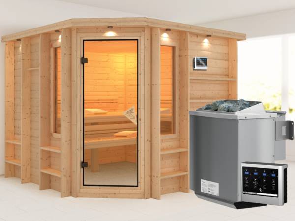 Marona - Karibu Sauna Premium SPARSET inkl. 9-kW-Bioofen, Sternenhimmel, Zubehörset