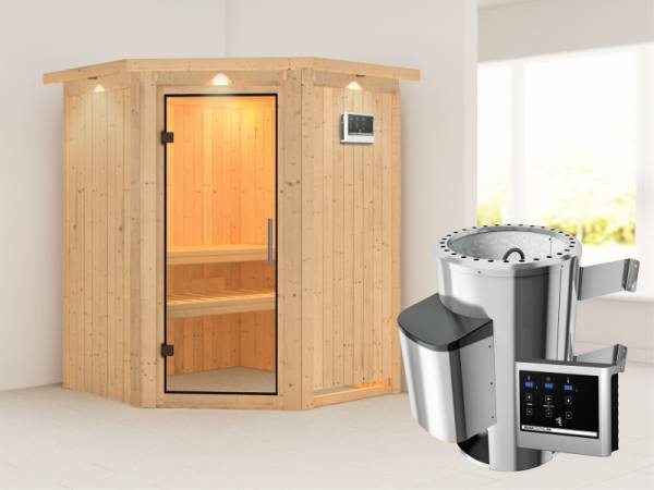 Nanja - Karibu Sauna Plug & Play 3,6 kW Ofen, ext. Steuerung - mit Dachkranz - Klarglas Ganzglastür
