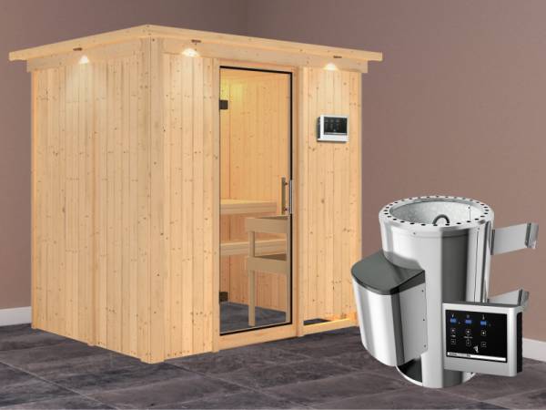 Fanja - Karibu Sauna Plug &amp; Play 3,6 kW Ofen, ext. Steuerung - mit Dachkranz - Klarglas Ganzglastür