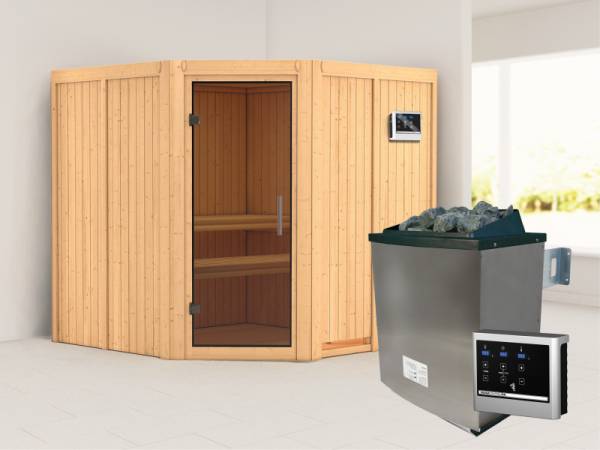 Karibu Sauna Jarin inkl. 9-kW-Ofen mit externer Steuerung, ohne Dachkranz, mit moderner Saunatür