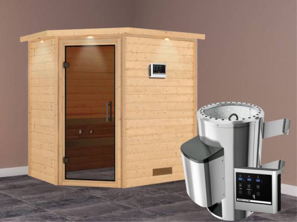 Cilja - Karibu Sauna Plug &amp; Play 3,6 kW Ofen, ext. Steuerung - mit Dachkranz - Moderne Saunatür