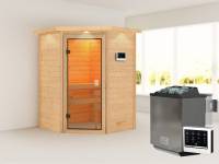 Karibu Sauna Antonia mit 4,5 kW BIO-Ofen ext. Strg mit Dachkranz 38mm