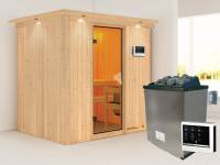 Karibu Sauna Bodin inkl. 9 kW Ofen ext. Steuerung, mit bronzierter Saunatür -mit Dachkranz-
