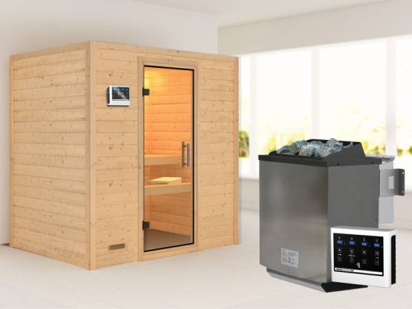 Karibu Sauna Sonja inkl. 9 kW Bioofen ext. Steuerung mit Klarglas Ganzglastür -ohne Dachkranz-