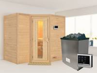 Karibu Sauna Sahib 2 inkl. 9-kW-Ofen mit externer Steuerung, ohne Dachkranz, mit energiesparender Saunatür