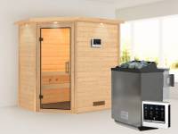 Karibu Sauna Svea - Klarglas Saunatür - 4,5 kW BIO-Ofen ext. Strg. - mit Dachkranz