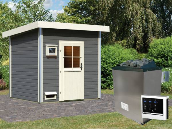 Karibu Saunahaus Norge terragrau, inkl. 9 kW Ofen ext. Steuerung -klassische Tür-