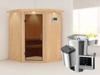 Nanja - Karibu Sauna Plug & Play 3,6 kW Ofen, ext. Steuerung - mit Dachkranz - Moderne Saunatür