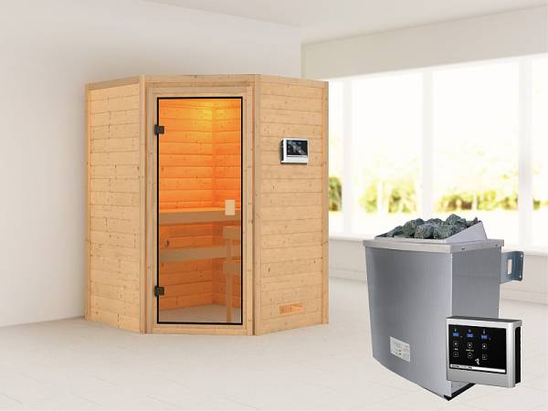 Karibu Woodfeeling Sauna Franka - Classic Saunatür - 4,5 kW Ofen ext. Strg - ohne Dachkranz