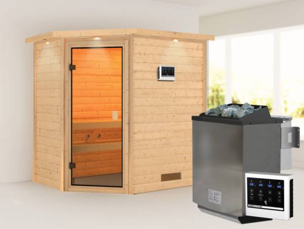 Karibu Sauna Svea - Classic Saunatür - 4,5 kW BIO-Ofen ext. Strg. - mit Dachkranz