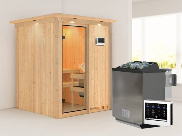 Karibu Sauna Norin- klassische Saunatür- 4,5 kW Bioofen ext. Strg- mit Dachkranz