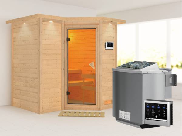 Sahib 1 - Karibu Sauna inkl. 9-kW-Bioofen - mit Dachkranz -