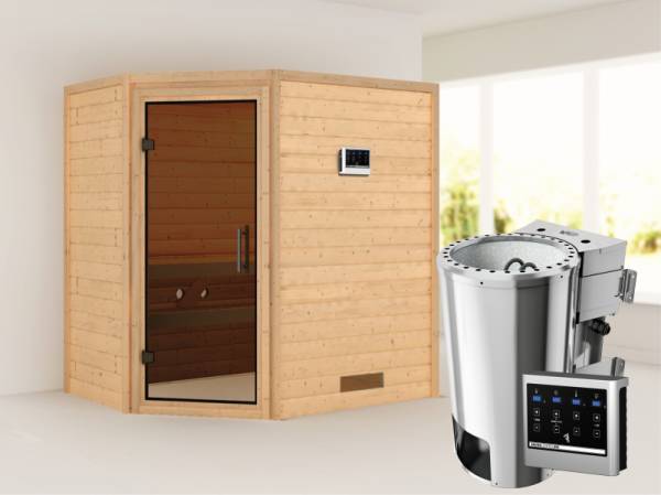 Cilja - Karibu Sauna Plug &amp; Play 3,6 kW Bio Ofen, ext. Steuerung - ohne Dachkranz - Moderne Saunatür