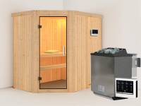 Karibu Sauna Carin inkl. 9 kW Bioofen ext. Steuerung mit Klarglas Ganzglastür - ohne Dachkranz -