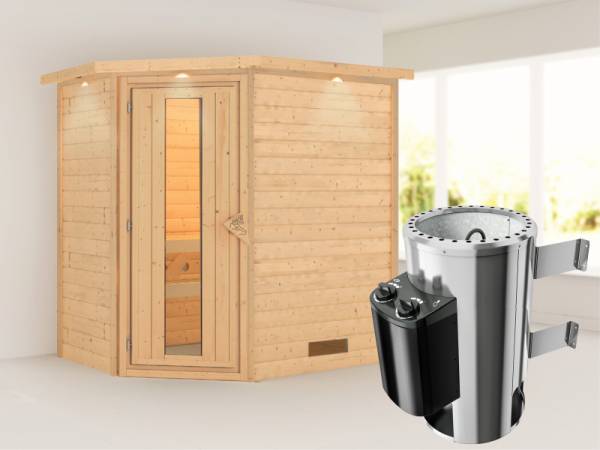 Cilja - Karibu Sauna Plug &amp; Play 3,6 kW Ofen, int. Steuerung - mit Dachkranz - Energiespartür