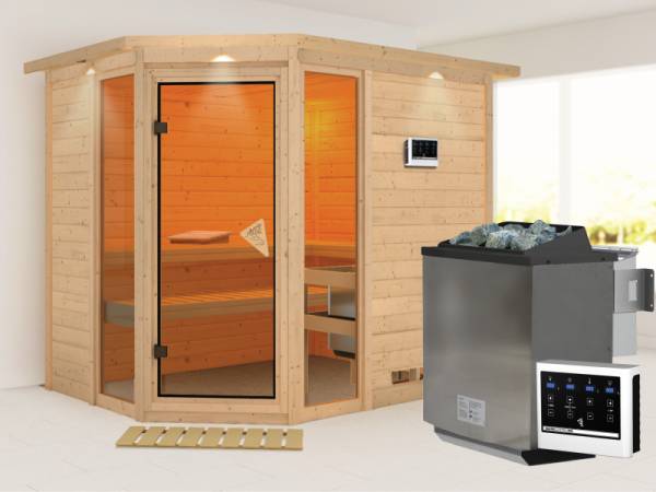 Sinai 3 - Karibu Sauna inkl. 9-kW-Bioofen - mit Dachkranz -