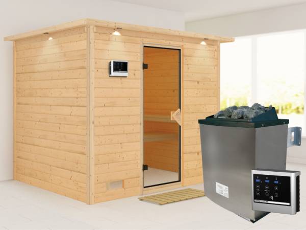 Sonara - Karibu Sauna inkl. 9-kW-Ofen - mit Dachkranz -