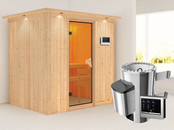 Fanja - Karibu Sauna Plug & Play inkl. 3,6 kW-Ofen - mit Dachkranz -