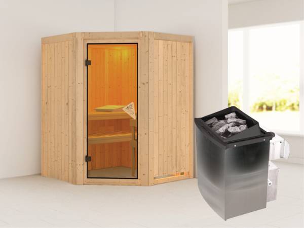 Karibu Sauna Larin- klassische Saunatür- 4,5 kW Ofen integr. Strg- ohne Dachkranz