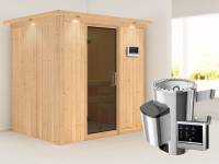 Fanja - Karibu Sauna Plug &amp; Play 3,6 kW Ofen, ext. Steuerung - mit Dachkranz - Moderne Saunatür