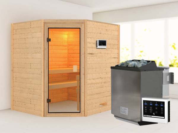 Karibu Sauna Mia- klassische Saunatür- 4,5 kW Bioofen ext. Strg- ohne Dachkranz