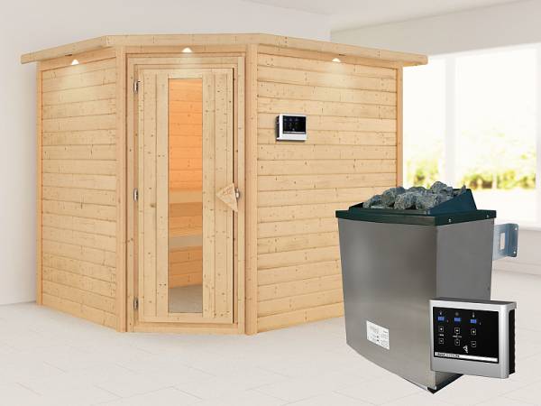 Karibu Sauna Lisa 38 mm mit Dachkranz- 9 kW Ofen ext. Strg- energiesparende Saunatür