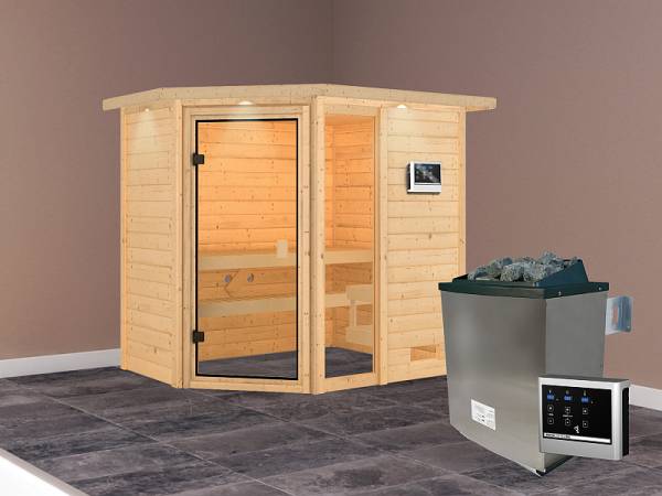 Karibu Sauna Jada mit 9 kW Ofen ext. Strg und Dachkranz 38 mm