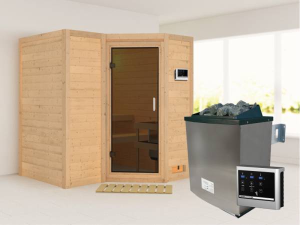 Karibu Sauna Sahib 1 inkl. 9 kW Ofen ext. Steuerung, mit moderner Saunatür -ohne Dachkranz-