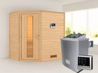 Karibu Woodfeeling Sauna Svea - energiesparende Saunatür - 4,5 kW Ofen ext. Strg. - ohne Dachkranz