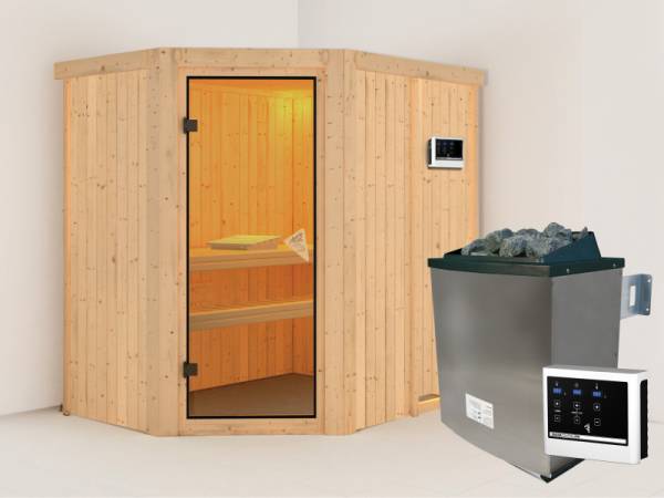 Karibu Sauna Carin inkl. 9 kW Ofen ext. Steuerung mit bronzierter Ganzglastür - ohne Dachkranz -
