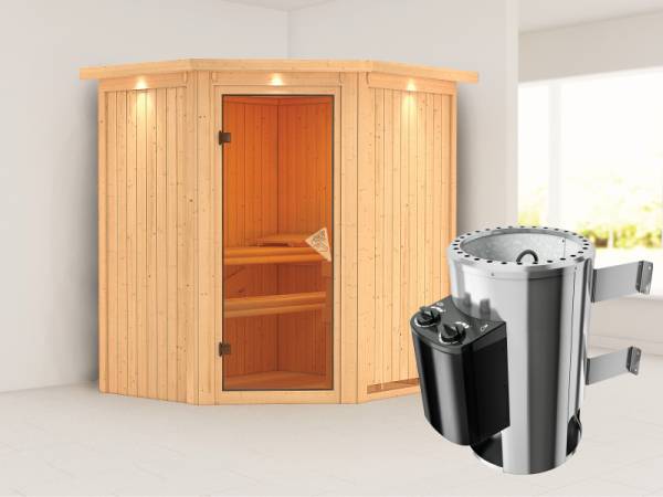 Tonja - Karibu Sauna Plug & Play inkl. 3,6 kW-Ofen int. Steuerung - mit Dachkranz -