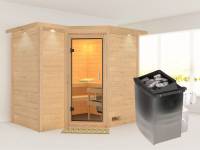 Karibu Sauna Sahib 2 inkl. 9 kW Ofen mit int. Steuerung, mit Dachkranz, mit Klarglas Ganzglastür