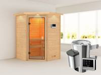Karibu Sauna Antonia mit 3,6 kW Ofen ext. Strg und Dachkranz 38 mm