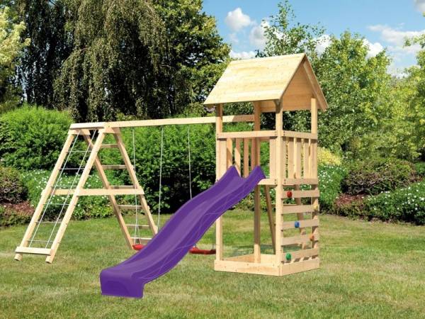 Akubi Spielturm Lotti- Doppelschaukel mit Klettergerüst, Kletterwand und Rutsche in violett