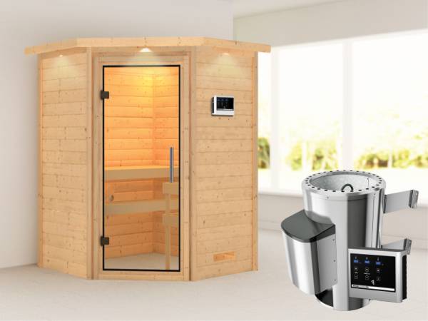 Alicja - Karibu Sauna Plug &amp; Play 3,6 kW Ofen, ext. Steuerung - mit Dachkranz - Klarglas Ganzglastür