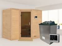 Karibu Sauna Sahib 2 inkl. 9-kW-Ofen mit externer Steuerung, ohne Dachkranz, mit moderne Saunatür