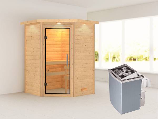 Karibu Woodfeeling Sauna Franka - Klarglas Saunatür - 4,5 kW Ofen integr. Strg - mit Dachkranz