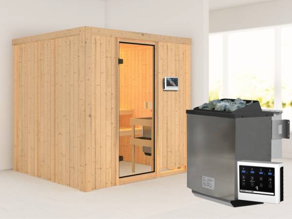 Karibu Sauna Tromsö -klassische Saunatür - 4,5 kW Bioofen ext. Strg
