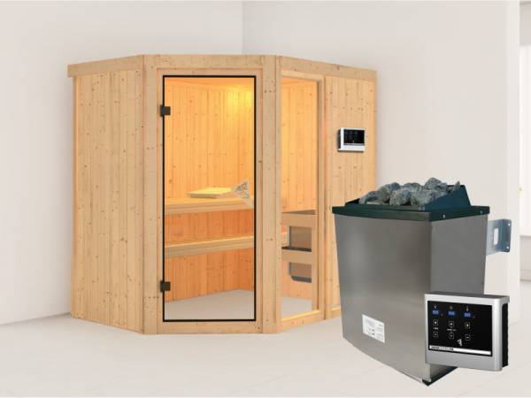 Karibu Aktionssauna Varberg Premium 1 im Set 9 kW Ofen Edelstahl ext. Strg. Easy und Fenster -Eckeinstieg-