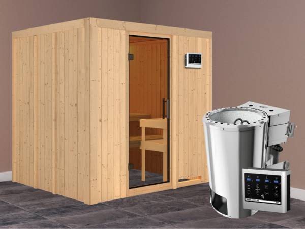 Daria - Karibu Sauna Plug &amp; Play 3,6 kW Bio Ofen, ext. Steuerung - ohne Dachkranz - Moderne Saunatür