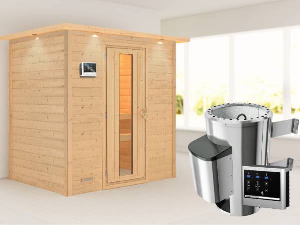 Ronja - Karibu Sauna Plug & Play 3,6 kW Ofen, ext. Steuerung - mit Dachkranz - Energiespartür