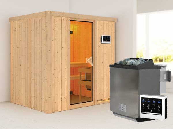 Karibu Sauna Bodin- klassische Saunatür- 4,5 kW Bioofen ext. Strg- ohne Dachkranz