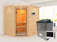 Karibu Sauna Mia- klassische Saunatür- 4,5 kW Ofen ext. Strg- mit Dachkranz