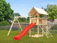 Karibu Spielturm Danny Satteldach + Rutsche rot + Doppelschaukel + Kletterwand