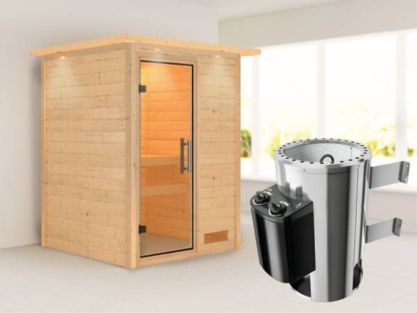 Nadja - Karibu Sauna Plug &amp; Play 3,6 kW Ofen, int. Steuerung - mit Dachkranz - Klarglas Ganzglastür