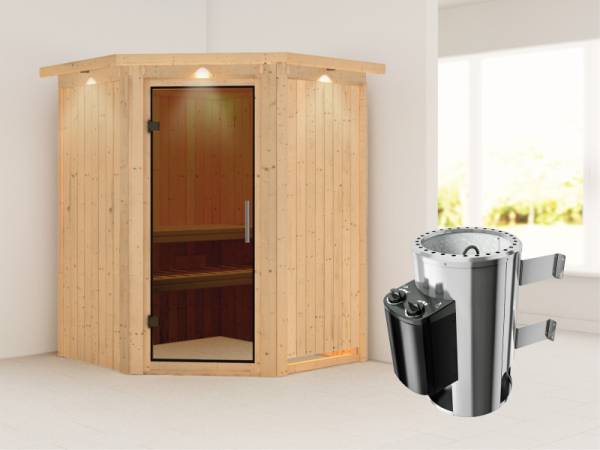 Nanja - Karibu Sauna Plug & Play 3,6 kW Ofen, int. Steuerung - mit Dachkranz - Moderne Saunatür