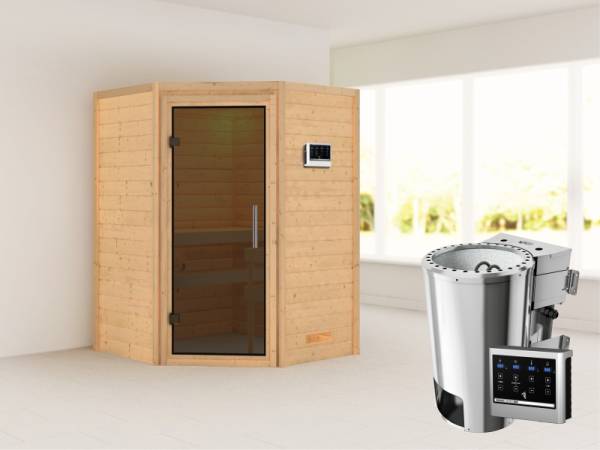 Alicja - Karibu Sauna Plug &amp; Play 3,6 kW Bio Ofen, ext. Steuerung - ohne Dachkranz - Moderne Saunatür